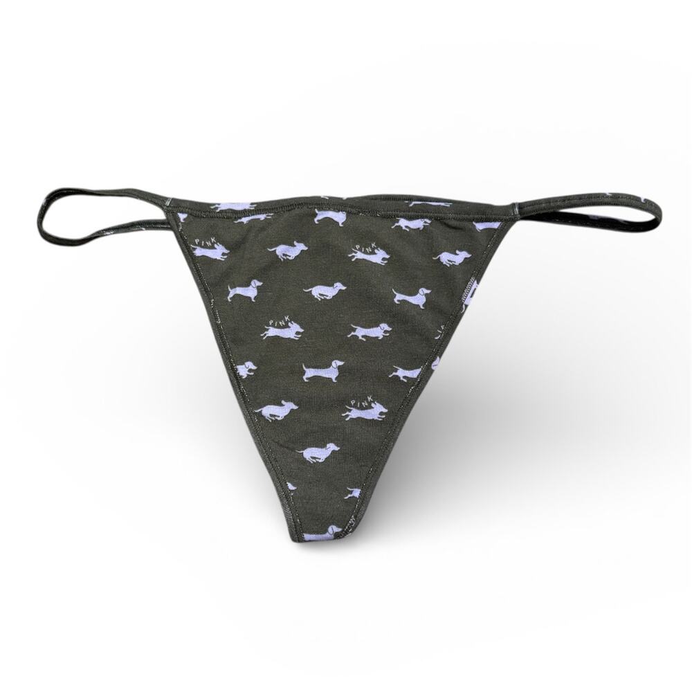 Victoria's Secret Cotton V-String Panty Casual New Olive Dog Print XXL NWT Green